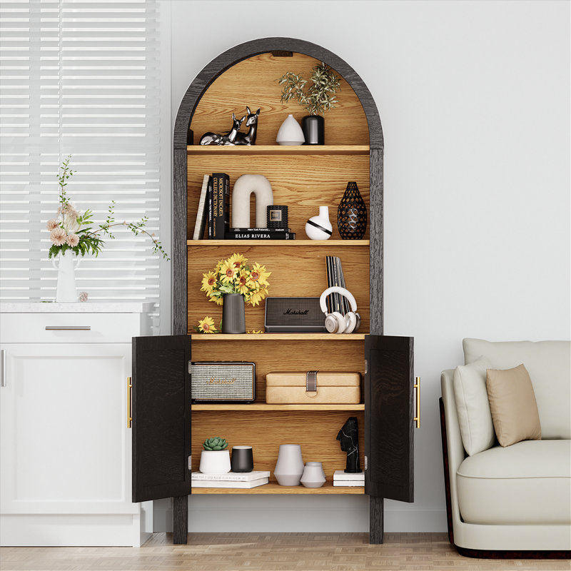 Bibliothèque incurvée 60 "noire avec portes de rangement fermées en rotin et armoire de ferme en bois d'ingénierie pour garde-manger et salle de bain multi-pièces