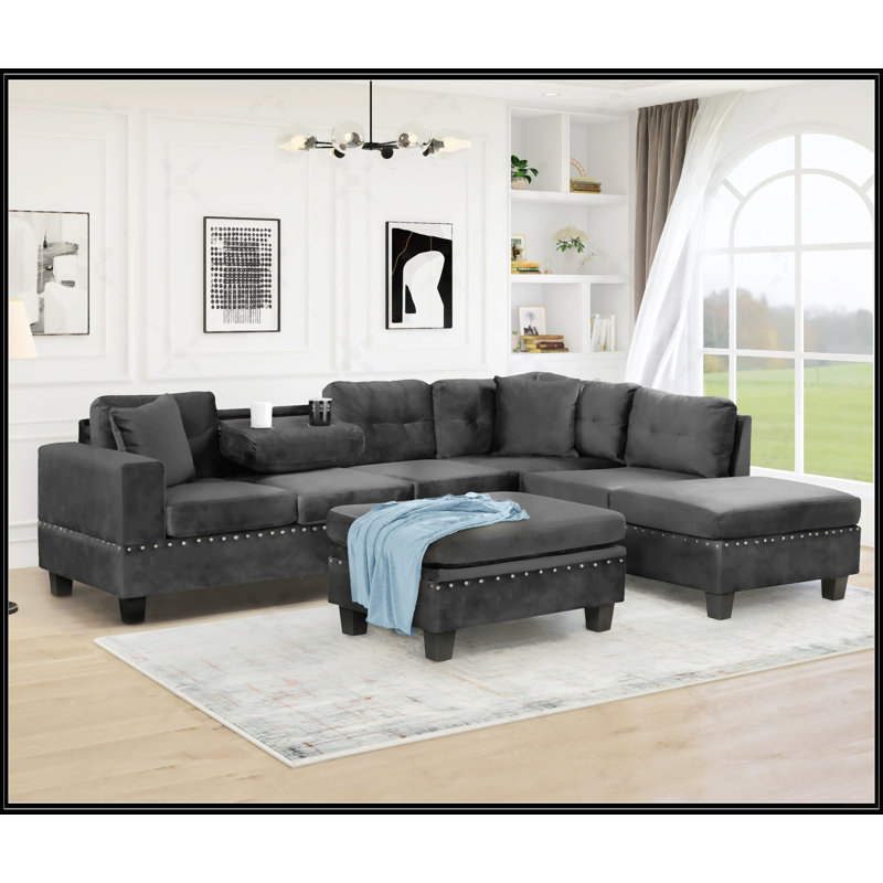 Canapé modulaire moderne en L avec repose-pieds de rangement, méridienne réversible et coussins pour le confort du salon