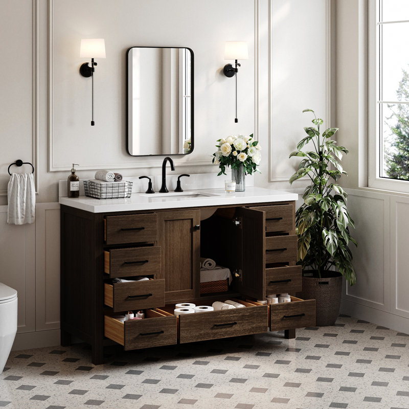 Grevera 55" Single Bathroom Vanity Set, Brown Oak / Matte Black, Rectangle 