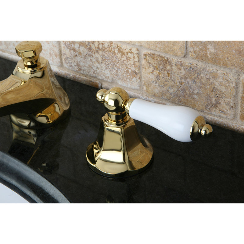 Kingston Brass Metropolitan Two-Handle 3-Hole Deck Mount Widespread Bathroom Faucet with Brass Pop-Up Drain, Polished Brass