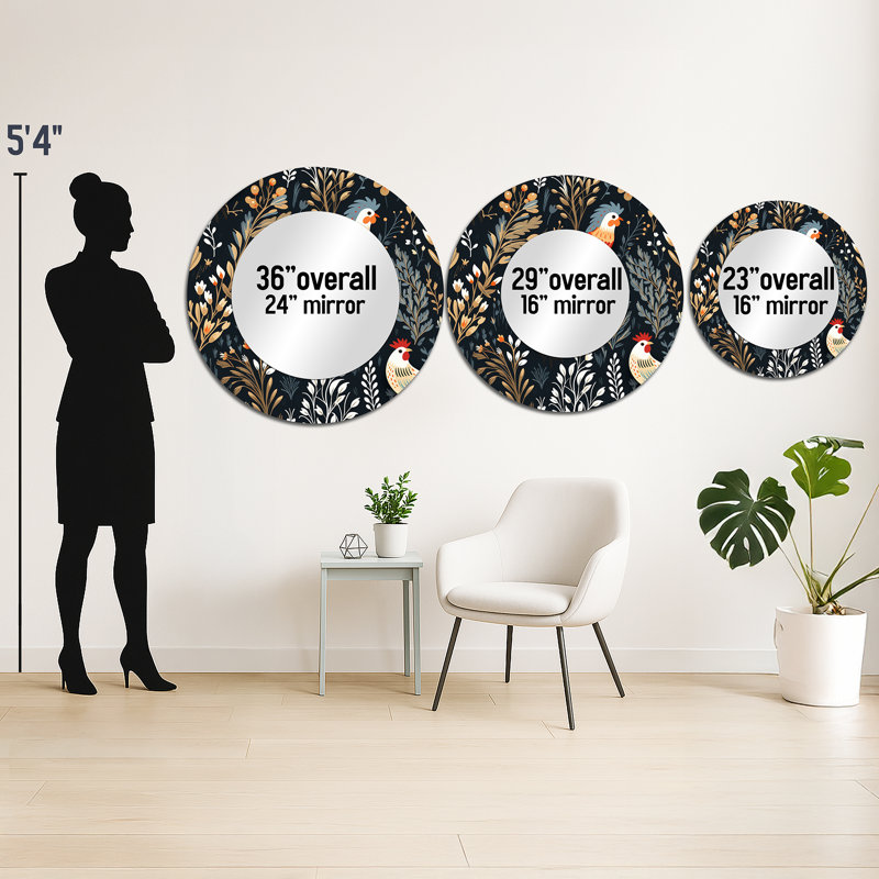Country Charm Red  Rooster Pattern - marble  Decorative Mirror, Casual Wall Mirror, Printed Metal Art, 23" x 23", Round