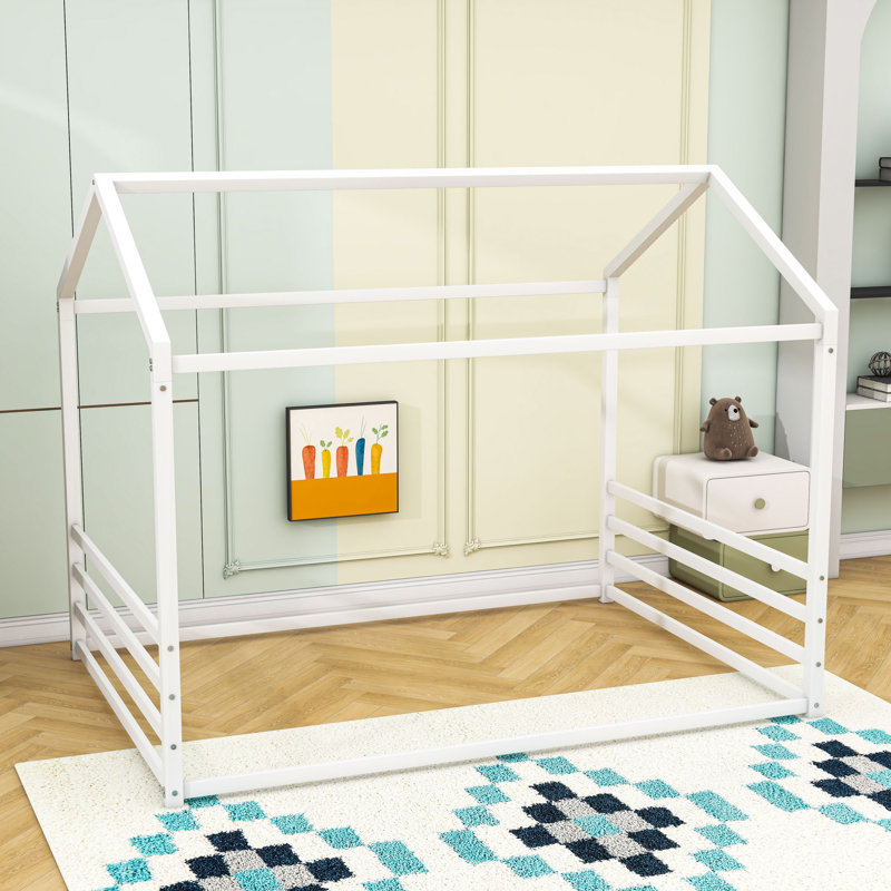 Lit de sol en métal au design en forme de maison, Blanc, Simple
