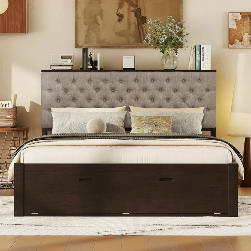 Grand lit plateforme en bois avec tête de lit, étagère à chaussures et 4 tiroirs, Espresso