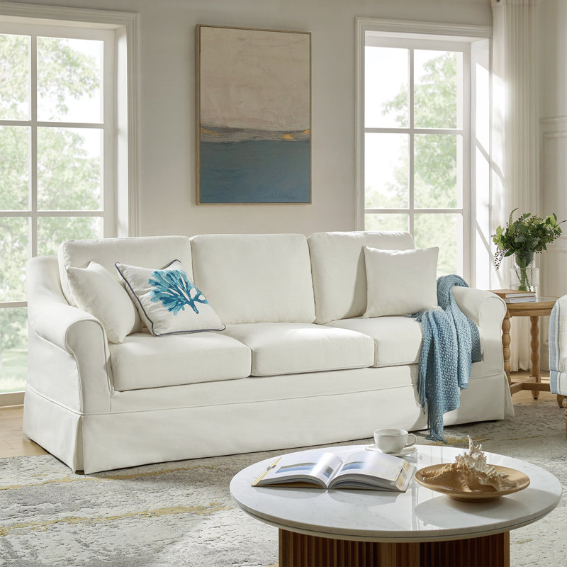 Wimberly 88" Farmhouse Down Fill Slipcovered Sofa With Rolled Arm, White