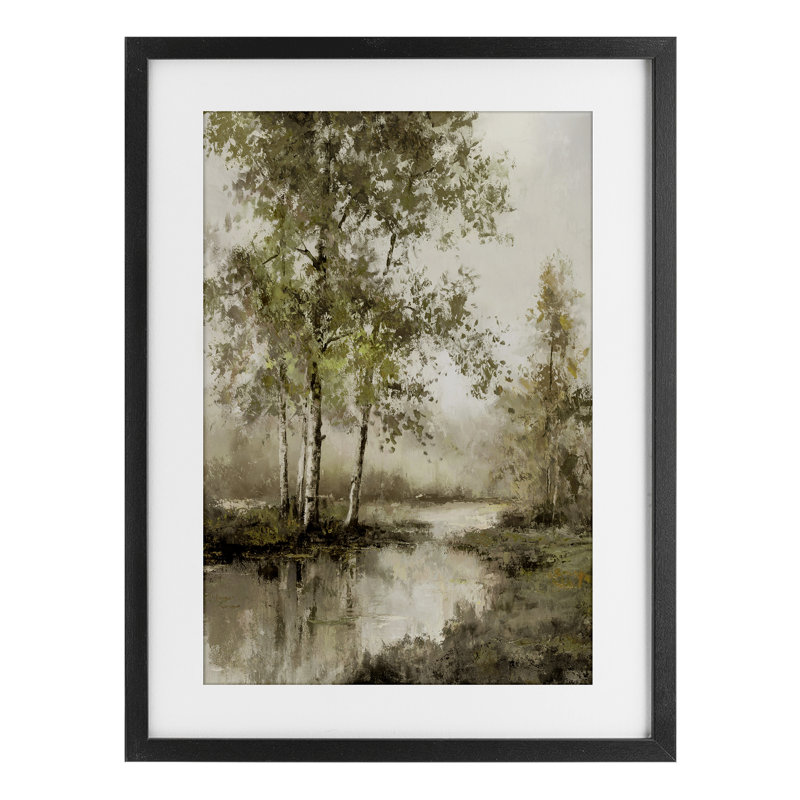 Spring River in Forest, reproduction encadrée sous verre, conception de T.C. Chiu, H 20 po x l 14 po, Cadre noir minuit