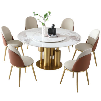 59" Round Modern Dining Table For Kitchen And Room, 360rotating Lazy , Sintered Stone Tabletop, Polished Finish, Stainless Steel Filler, Luxury Design