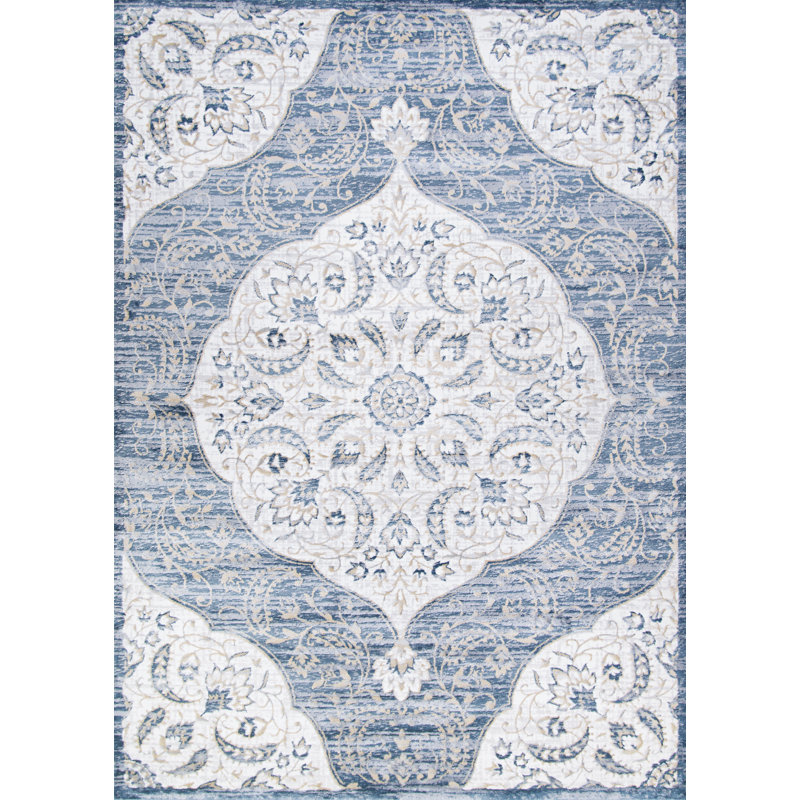 Tapis blanc/bleu zone oriental Karmane, Rectangle 9 pi 10 po x 13 pi 2 po