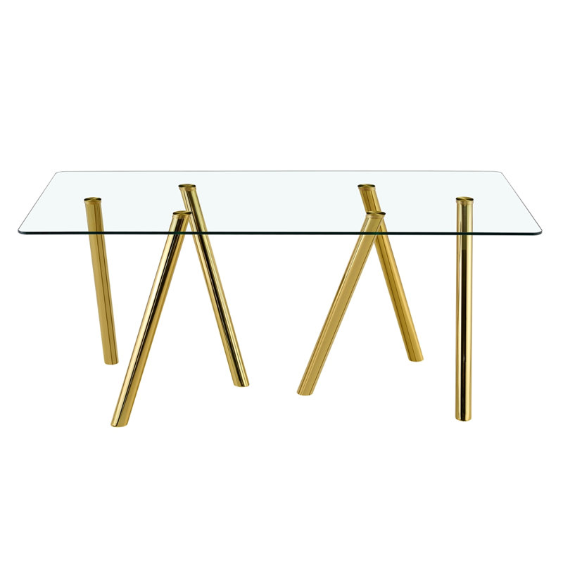 Table de salle à manger en verre trempé 71 pouces avec pieds en métal robustes, Gold