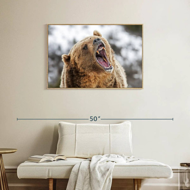 Grizzly rugissant, Cadre flottant en bois naturel, 37 po x 25 po