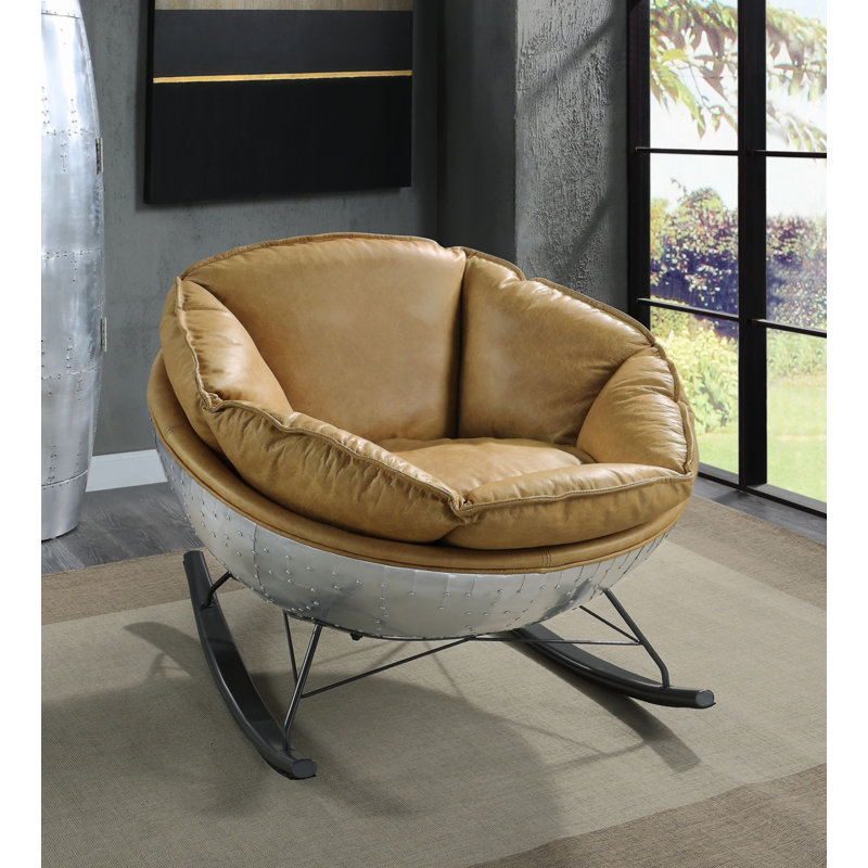 Chaise berçante en cuir jaune et argent, Jaune