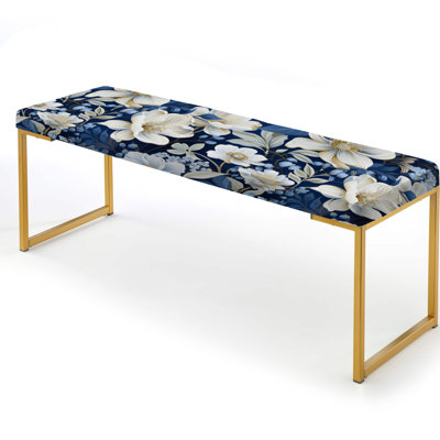 Icy Blue Snowy White Flowers Scenery I - Floral Upholstered Gold Bench