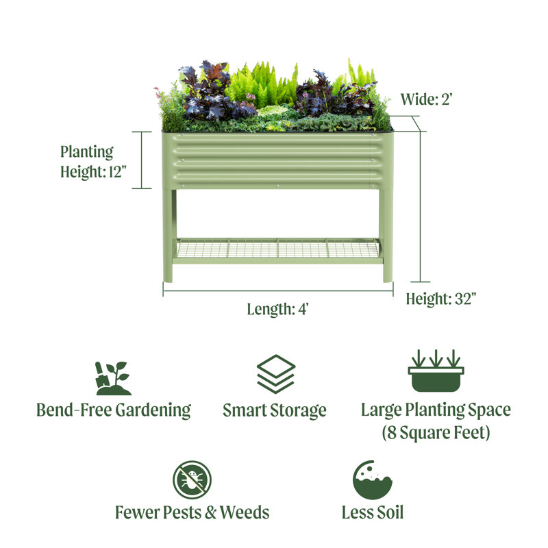 32" Tall 48" Long Metal Outdoor Elevated Planter, Olive Green
