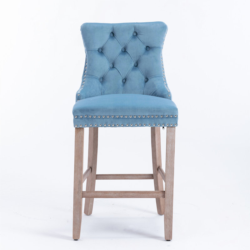 Upholstered Barstools Set Of 2, Light Blue, Natural