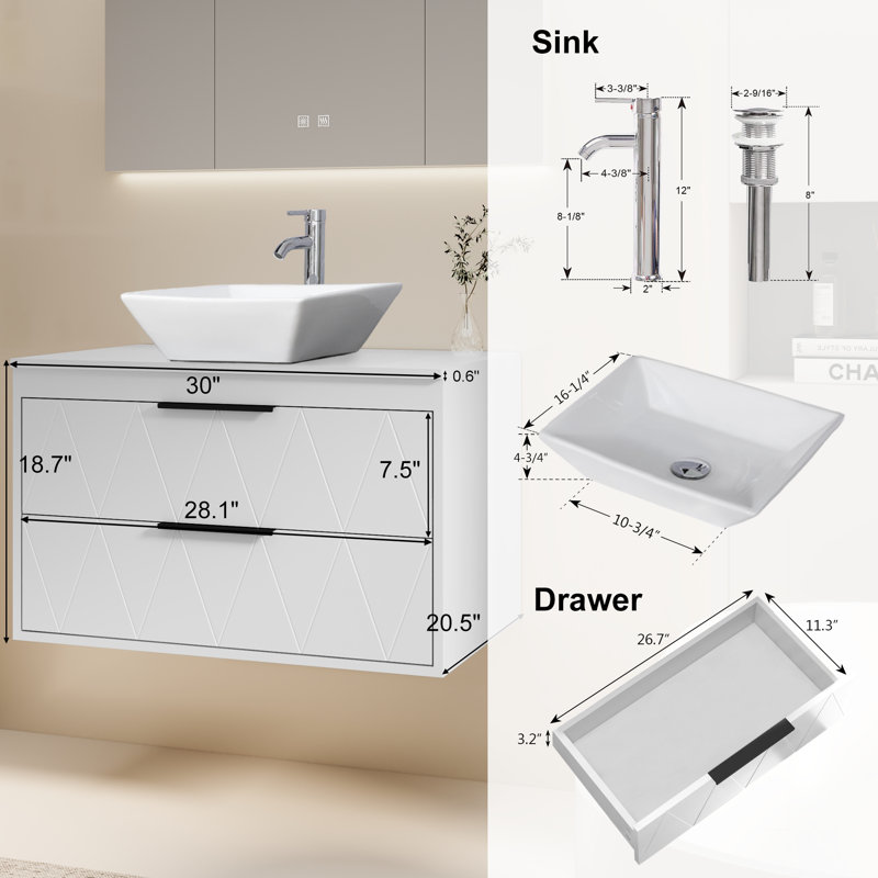 Sharee 30" Wall Mount Bathroom Vanity With Vessel Sink, White, Square