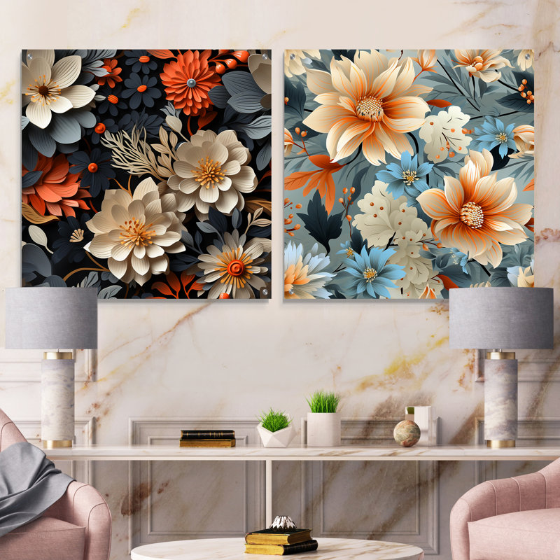 Harmonie florale bleue et blanche - ensemble d'art mural en verre acrylique floral, H 16 po x l 33 po