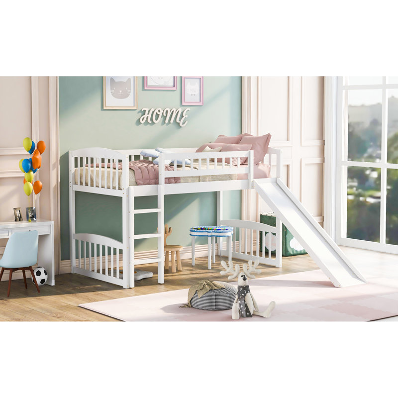 White Twin Loft Bed With , Enhance Bedroom Solid Wood Size Slide - White, For A Vibe