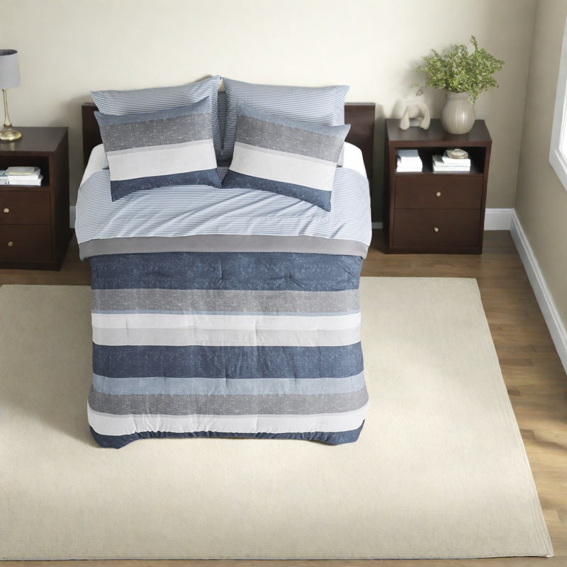 Ensembles de literie à rayures modernes en polyester, édredon gris-bleu pour la maison