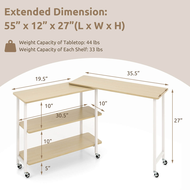 17 Storeys 360° Rotatable Sofa Side Table L-shaped Laptop Desk Snack Table Withshelf Patented, Natural/White