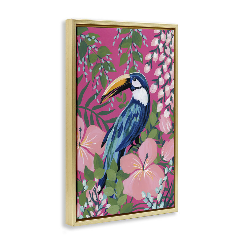 Toile flottante encadrée noire à motif toucan Maximalist par Silvia Vassileva, Cadre flottant métallique doré