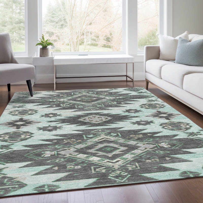 Machine Washable Indoor/Outdoor Xhevrie Mint Rug, Rectangle 10' x 14'