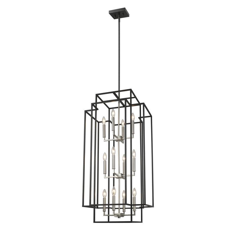Lustre rectangulaire unique à 12 lumières Orona, Noir / Nickel brossé