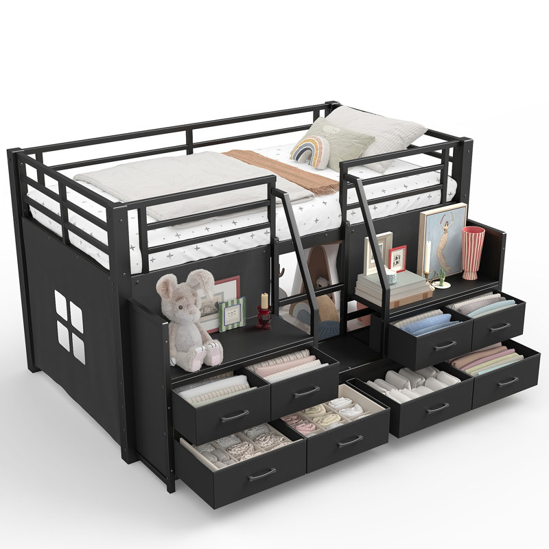 Lit simple mezzanine bas avec tiroirs de rangement, tablettes et lumières, lit mezzanine en métal avec espace sous le lit, sans sommier, noir