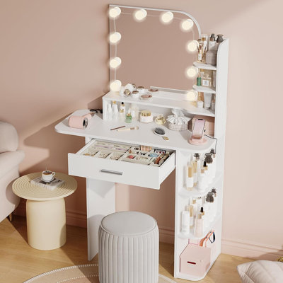 Meuble-lavabo avec miroir à DEL et prise de courant Monait, meuble-lavabo avec panneau rabattable pour chambre à coucher