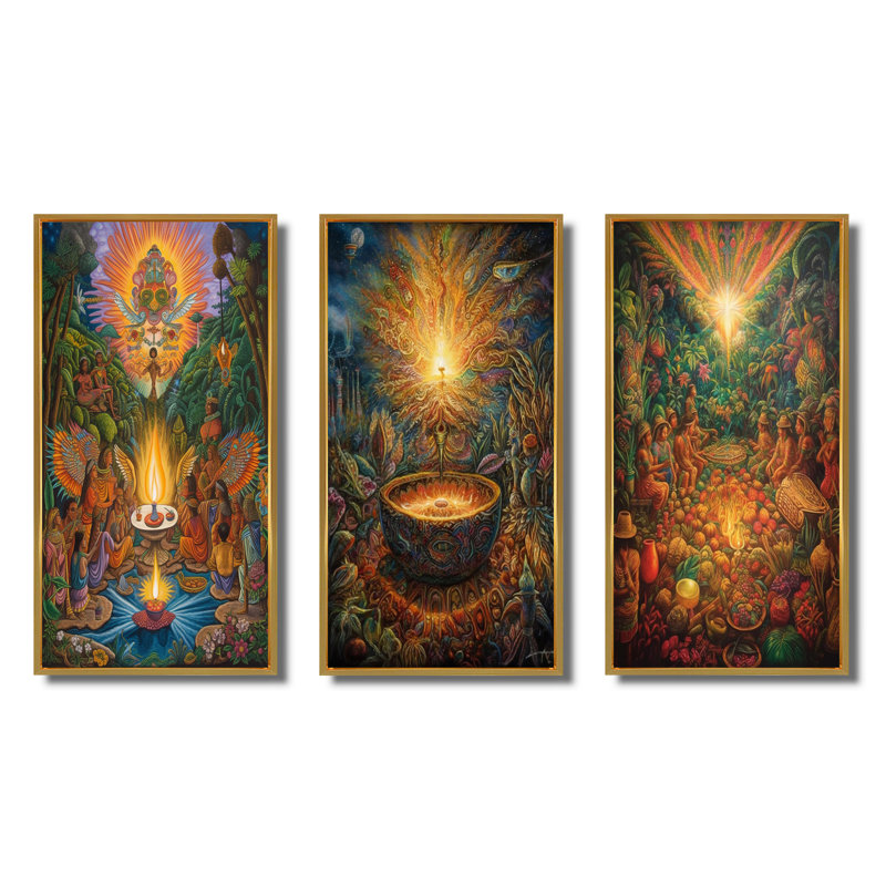 Célébration au paradis de Pâques - ensemble de 3 pièces sur toile, Encadrement doré, H 36 po x l 28 po