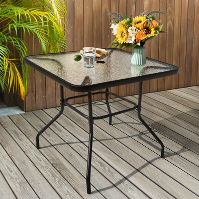 Outdoor 31 Inch Square Metal Dining Table with Umbrella Hole and Tempered Glass for Sunroom by Ebern Designs