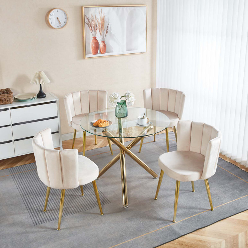 Ensemble de salle à manger 1 + 4,5 pièces, table de salle à manger à pieds en métal Mid-Century pour 4-6 personnes avec plateau en verre, table de salle à manger à piédestal, table basse de loisirs