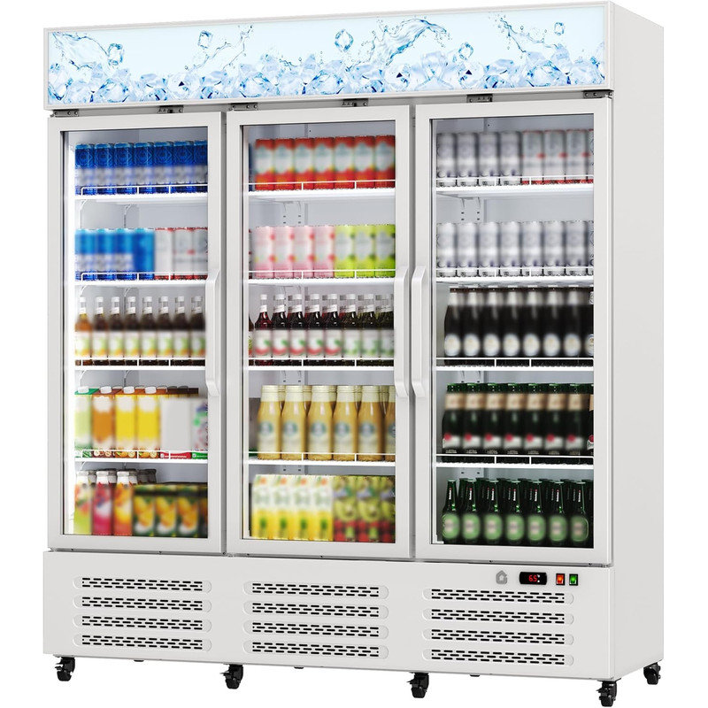 38.9 Cu.Ft. 3 Door Commercial Beverage Cooler, Frost-Free Display Refrigerator with 360° Cooling & LED Light, White