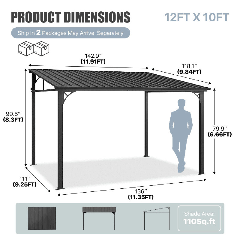 Pergola à toit rigide avec toit incliné en acier galvanisé, 12 pi x 10 pi
