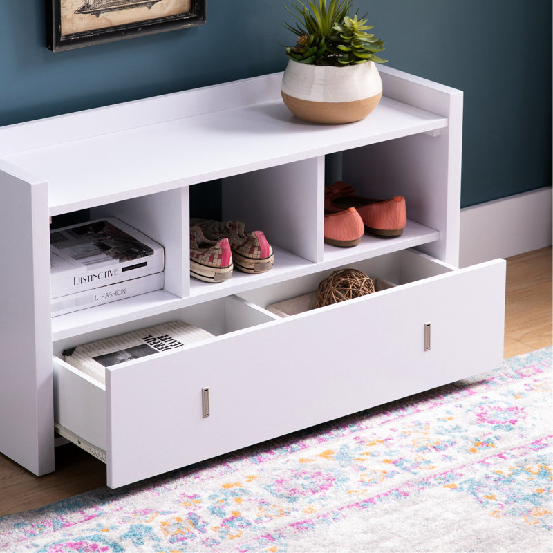Organisateur de coffre à chaussures blanc avec trois tablettes et un support de tiroir