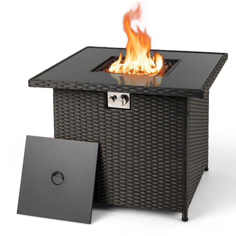 32.5" Propane Fire Pit Table Outdoor Wicker Gas Firepit with Stainless Steel Burner Black, Black