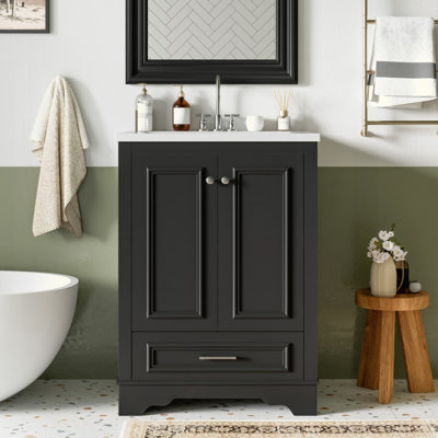 Meuble-lavabo 24 po avec lavabo en céramique, armoire de rangement autoportante moderne avec poignées argentées, portes à fermeture douce