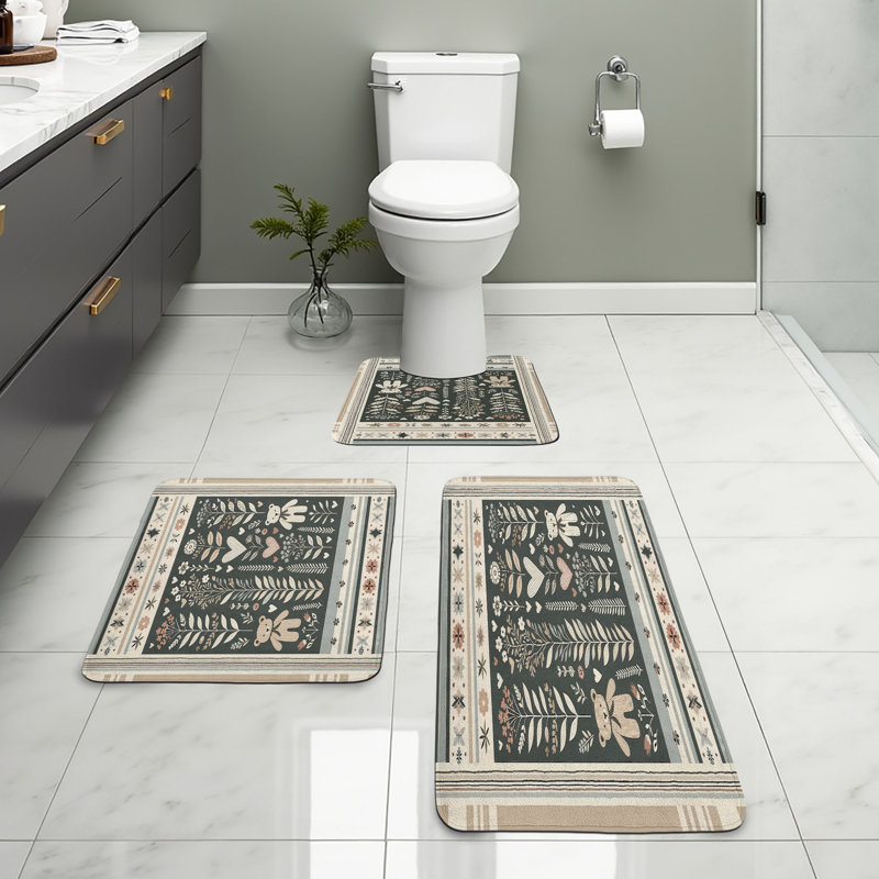  Neutral Bathroom Rug Set 3 Pieces U-Shape & Rectangle Mats Grey Tan and Ivory