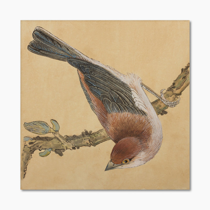 Oiseau chanteur rétro sur branche - décoration murale traditionnelle sur toile, H 16 po x l 16 po x P 1 po, Toile tendue