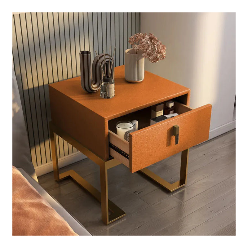 Chrysanthi Luxury Bedside Table Solid Wood Cabinet Mini Leather, Orange