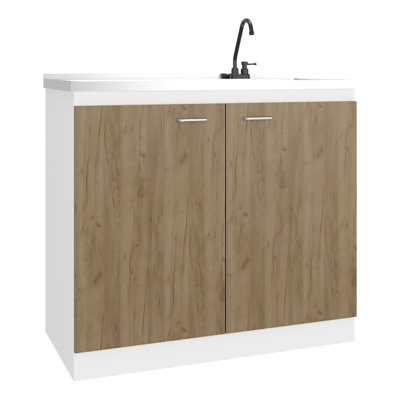 Modern Utility Sink With Exchange Option For Faucet And Integrated Countertop, Freestanding Cabinet In Natural + White, Ideal Kitchen Garage, Two Interior Shelves Keeping Things Organized, Easy To