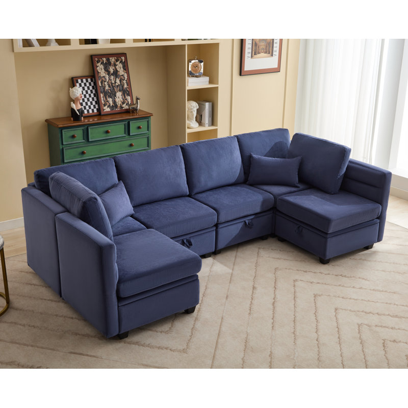 Modular Sectional Sofa With Storage Seats, Navy Polyester Blend