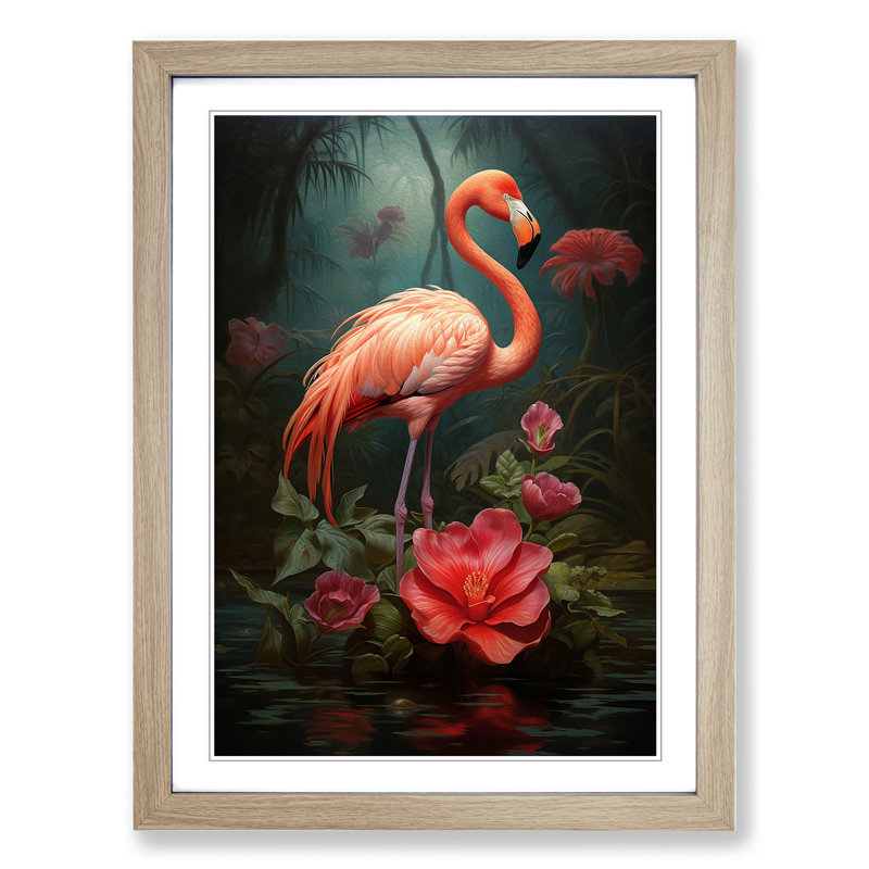 Flamingo Symbolism - Single Picture Frame Print on Wood, Oak, 64cm H x 46cm W x 2cm D