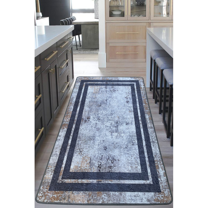 Tapis beige / bleu en polyester tissé à la machine Aerne, Rectangle 2 pi 7 po x 4 pi 7 po