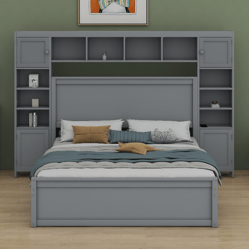 Lit en bois avec armoire, Gris