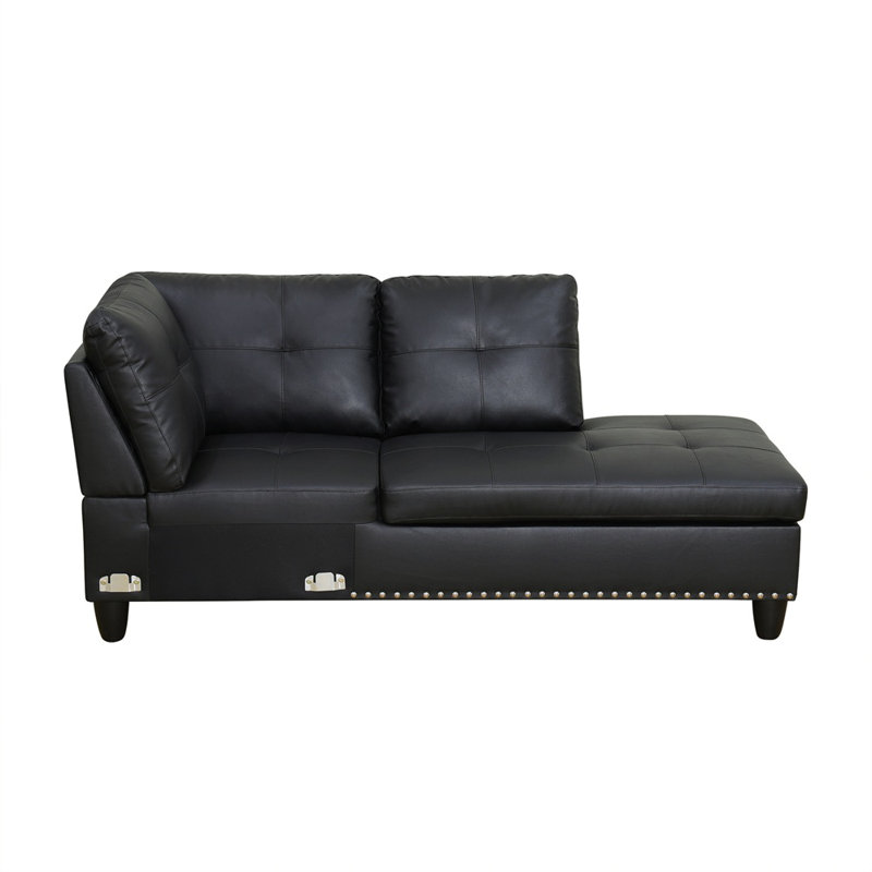 Louvenia Upholstered L-Shaped Sectional, Black Faux Leather, Right Hand Facing