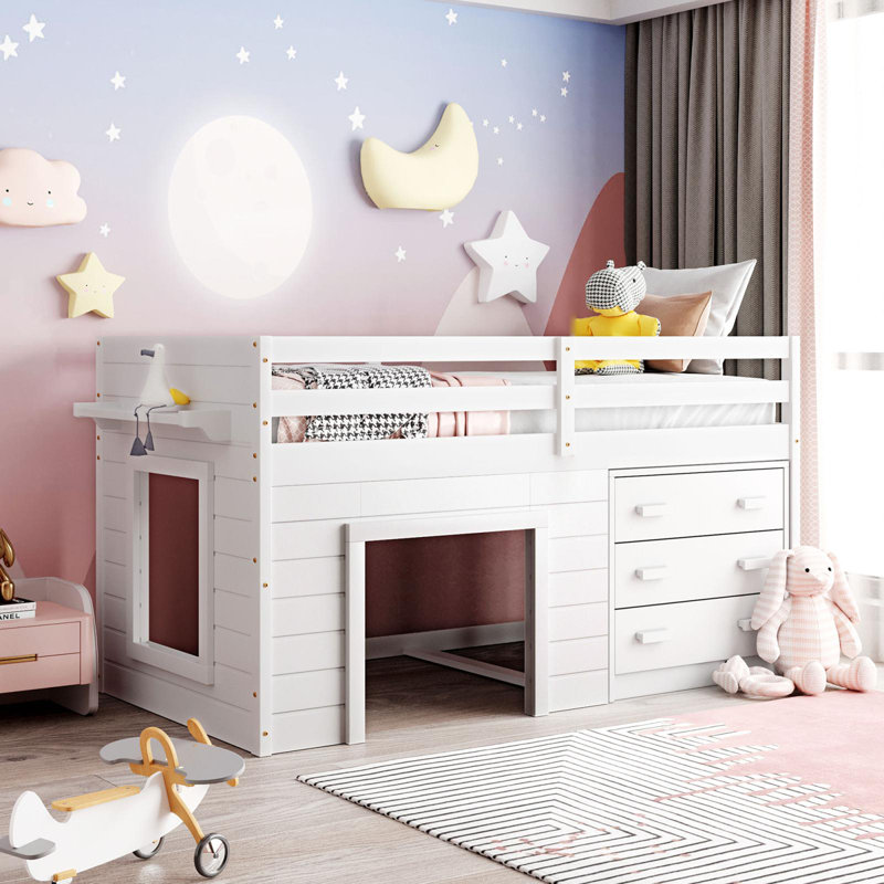 Donatello Kids Twin Loft Bed with Drawers, White