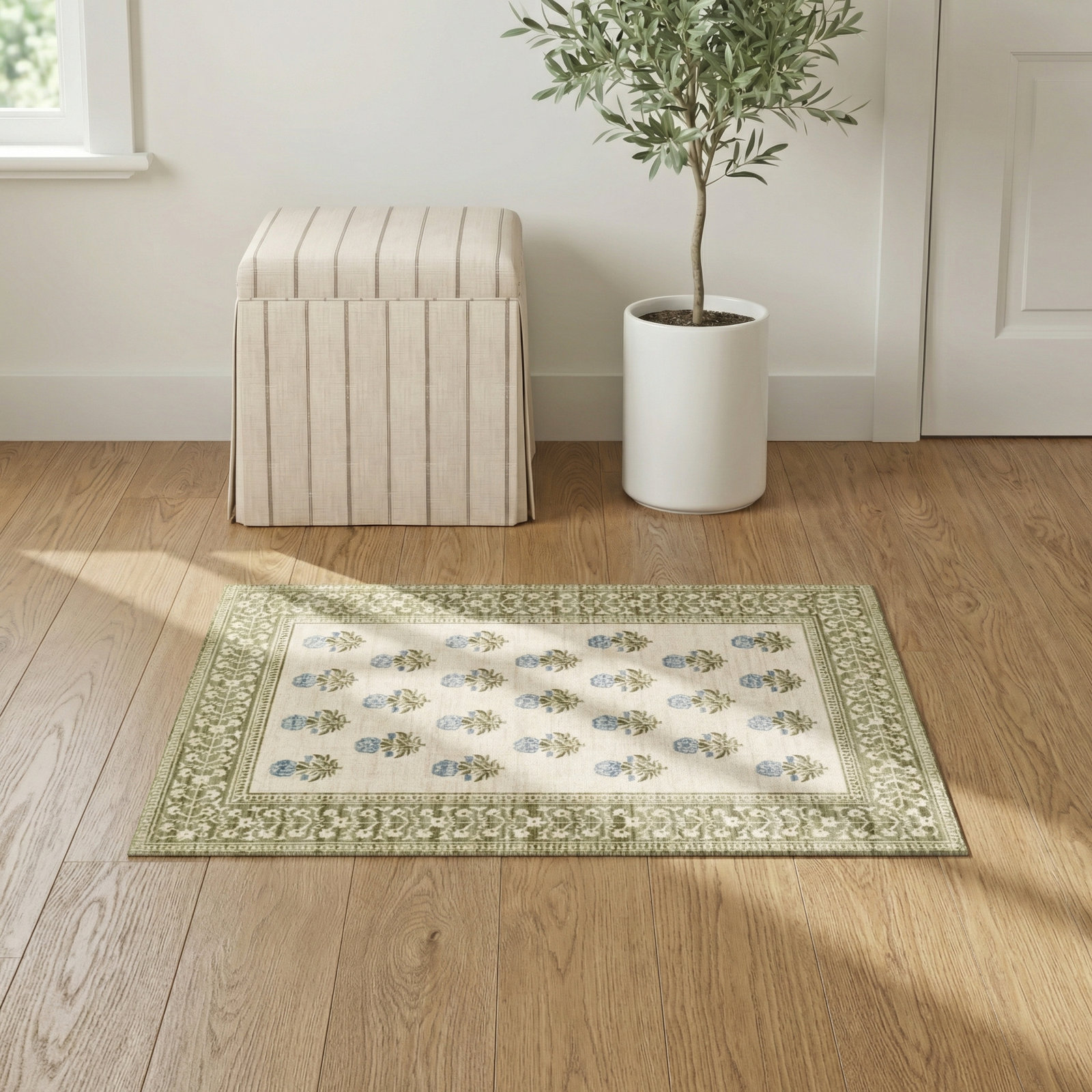 Anders Green Floral Wool Rug, Rectangle 2' x 3'