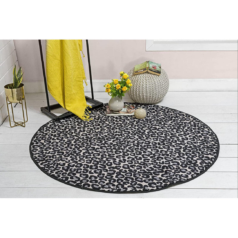 Tapis noir / gris à imprimé animal, Rond 8 pi