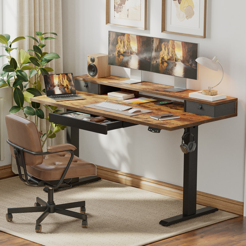 Electric Height Adjustable Desk with Storage Shelf,Standing Desk with 3 Drawers for Home Office, 45.7" H x 48" W x 23.6" D