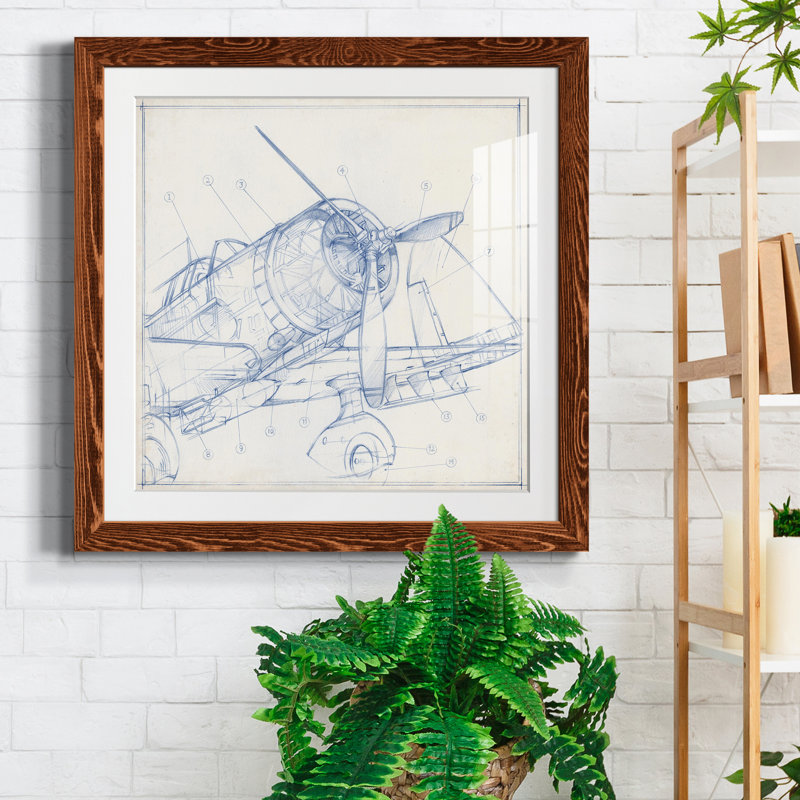 Croquis mécanique d'avion I-Premium, reproduction encadrée - prêt à être accroché, H 22,5 po x l 22,5 po x P 1,5 po, Blanc