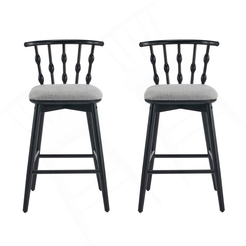 Tabouret de bar d'intérieur en bois Doria, finition noire avec revêtement gris, ensemble de 2, Siège gris / structure noire